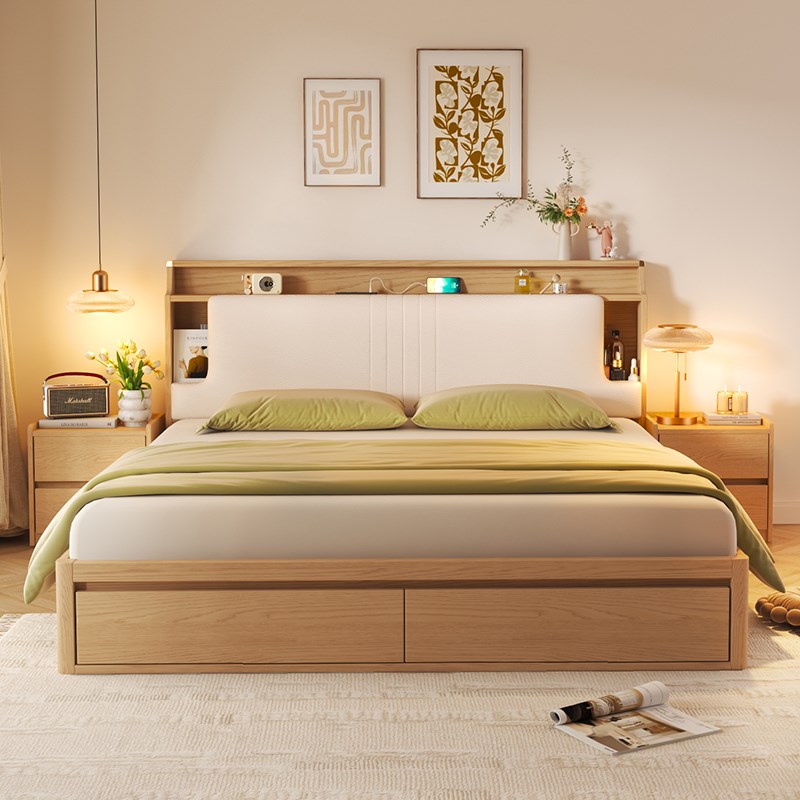 奶油风橡木实f木床现代简约气动高箱储物床1.8米双人床1.5米收纳