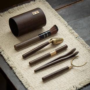 弥言7311胡桃木茶六君子套装 茶 纯实木茶道桶配茶茶夹茶勺道针套装