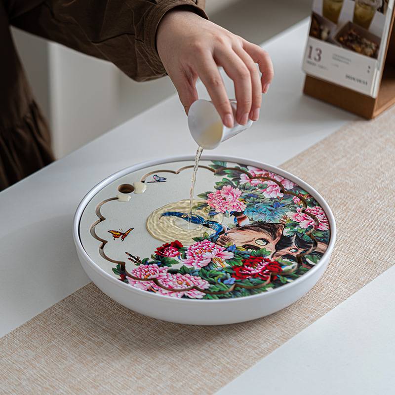 国潮风密胺茶盘 家用小号圆形托盘储水式中式沥水储水式干泡茶台