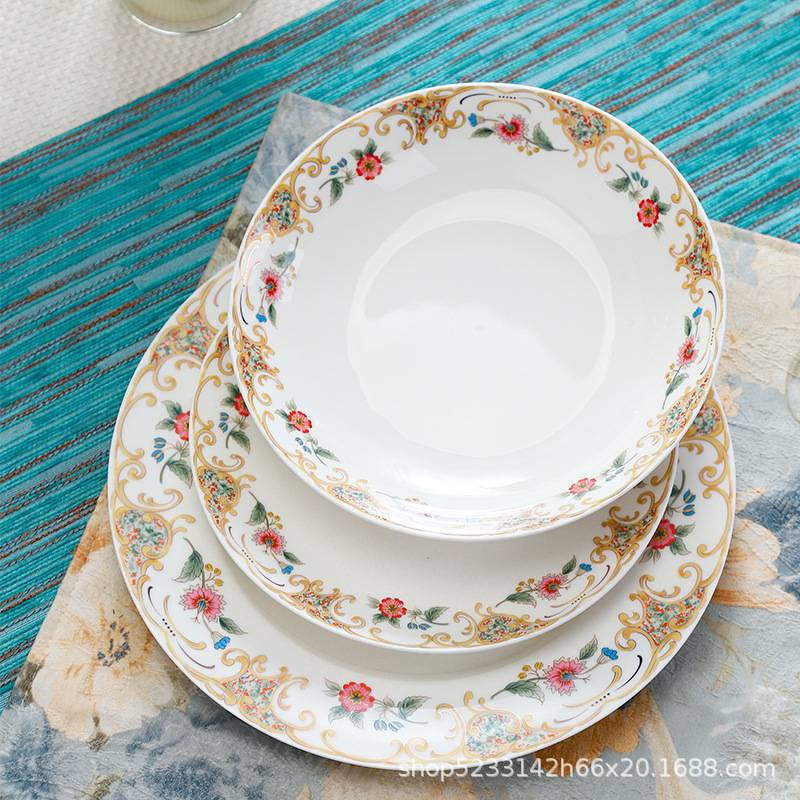 网红家用碗餐具景德镇欧式田园风中式陶瓷碗筷子碗碟套装鱼盘骨碟