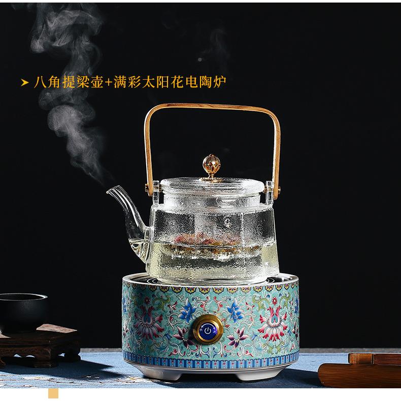 家直销耐热玻璃方B把茶厂壶竹提梁把壶 创意锤别致煮茶铜珠纹茶壶