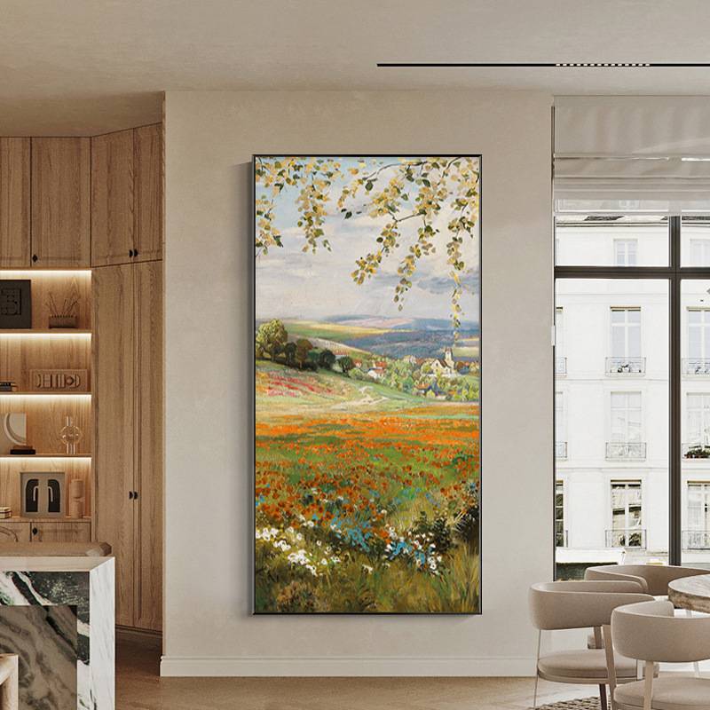 手绘油画美式入户玄关装饰画轻奢走廊过道挂画田园风景别墅客厅画