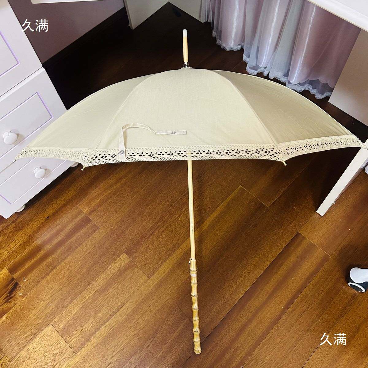 日系布涂层防晒小洋伞木制流苏竹节手柄！文艺范街拍网红遮阳伞