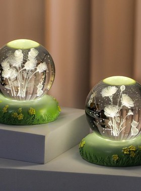 清新田园风树脂i工艺品小摆件新款3d水晶球内雕玻璃球小夜灯气氛