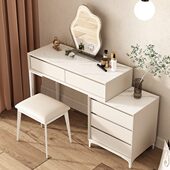 意式 极简梳妆台收纳柜一体卧室现代简约实木奶油白色岩板化妆桌
