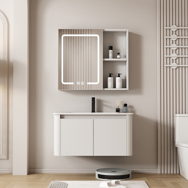 欧式圆弧形浴室柜岩板台面智能z镜柜组合家用吊柜陶瓷一体盆洗漱