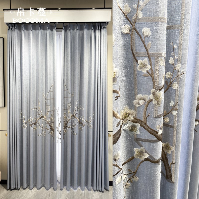 新款新中式客厅卧室遮光绣花w窗帘高档大气复古别墅窗帘布定制成