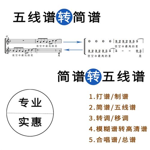 打谱制谱扒谱五线谱转翻译简谱转翻译五线谱合唱谱W总谱移调转调