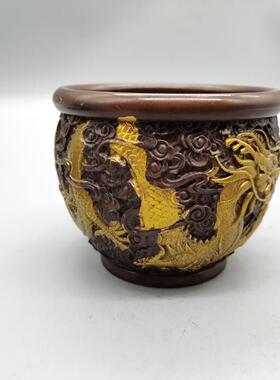 古玩铜收藏黄鎏金龙缸家器居摆件仿古8645070紫铜铜色双戏珠缸龙