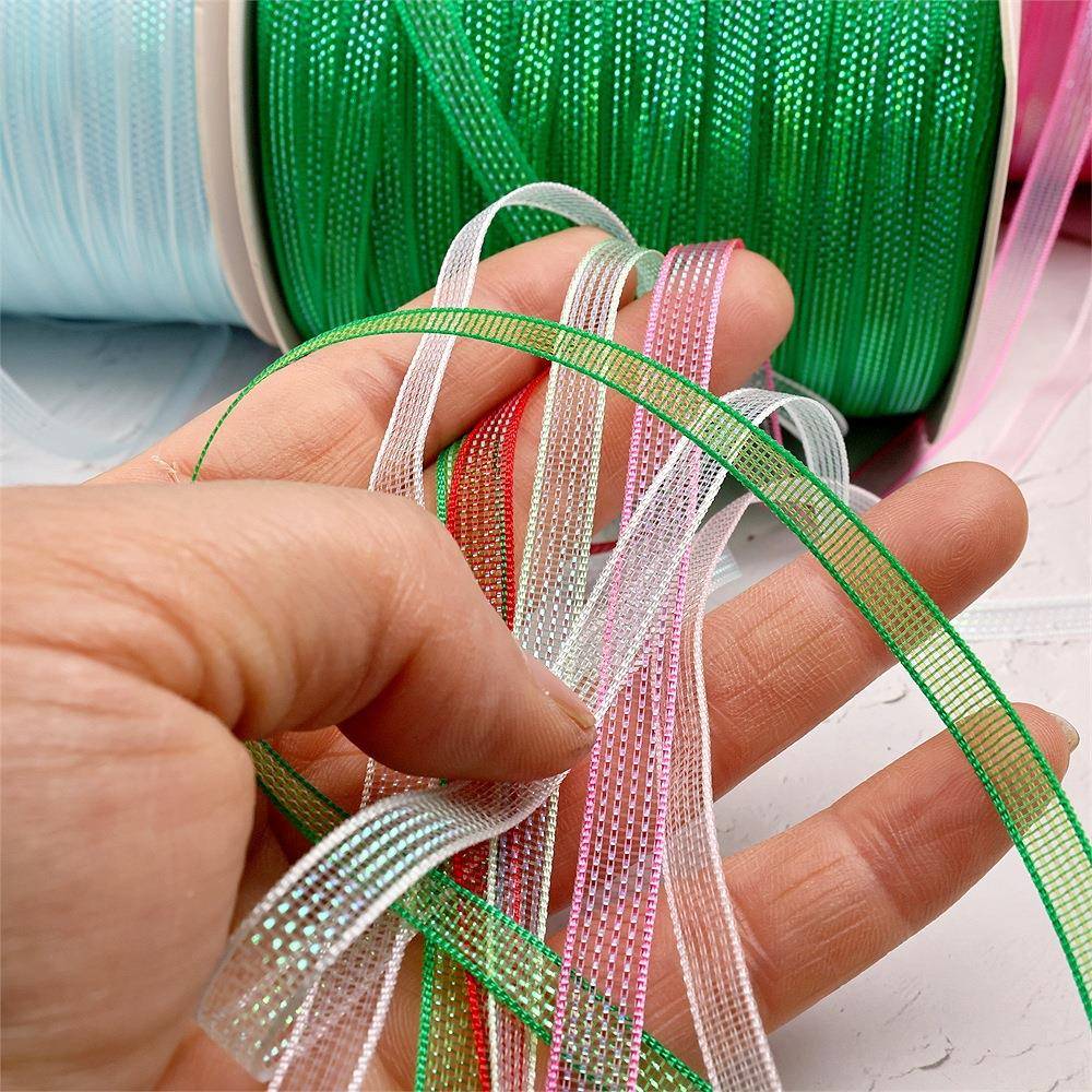 装6mm七彩WAH网纱幻彩纱带丝diy蝴蝶结服彩辅料婚庆家纺硬带彩带