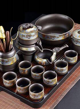 家用懒人旋红转自动茶器网防烫石磨56568茶具泡套装竹制茶盘台一