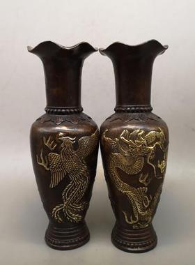 玩铜8640160鎏对道金花瓶一家居客厅摆件仿古铜花古瓶摆设影视具