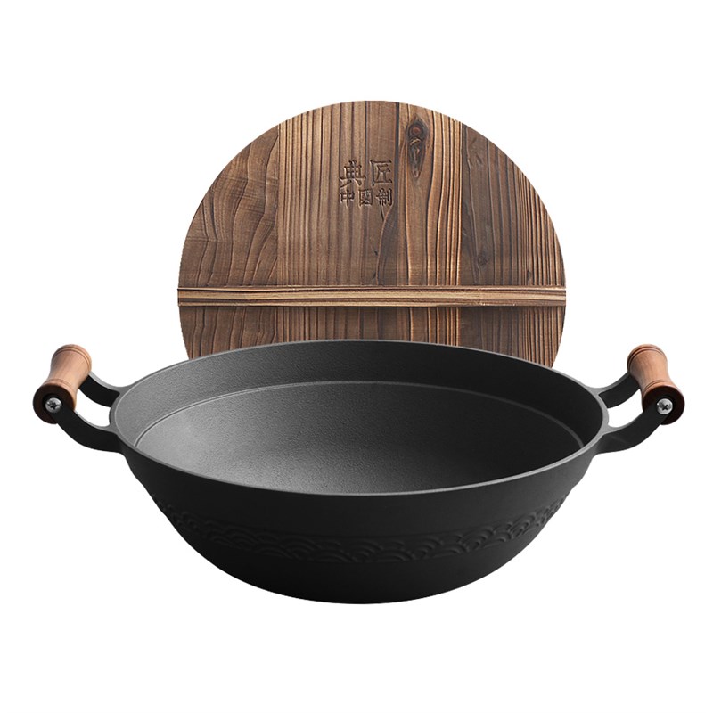 典匠老式大铁锅铸铁家用炒锅36cm无涂层生铁加深圆底X双耳炒菜锅