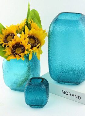 蓝色琉璃花瓶高档创意艺术客厅方形玻璃工艺品花器插花装饰摆件