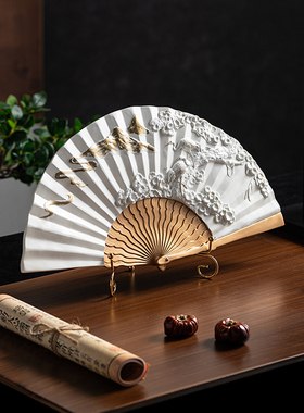 新中式书房禅意摆件书柜博古架立体浮雕扇子工艺品样板.间软装饰