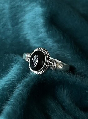 尼泊尔手b工S925银饰品镶嵌黑玛瑙戒指女指环流行简约复古民族风