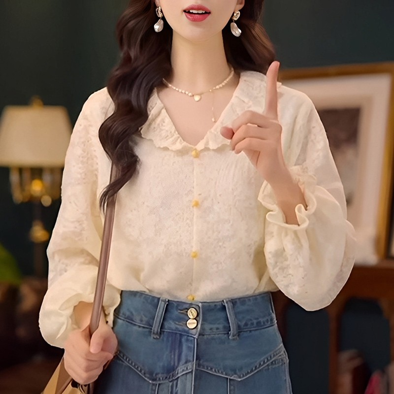 【清酒微甜】秋季新款蕾丝欧若风长袖衬衫女时尚休闲宽松上衣女