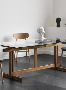 JOLOR现代简约实木书桌实木钢化玻璃桌面家用透明餐厅长方形餐桌