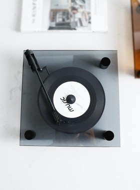 现代轻奢几何复古留声机黑t胶唱片水晶创意摆件模型桌面书房样板