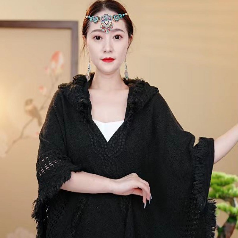 新款旅行戴帽针织披肩女民族风披肩D云南丽江西藏旅游拍照斗篷披