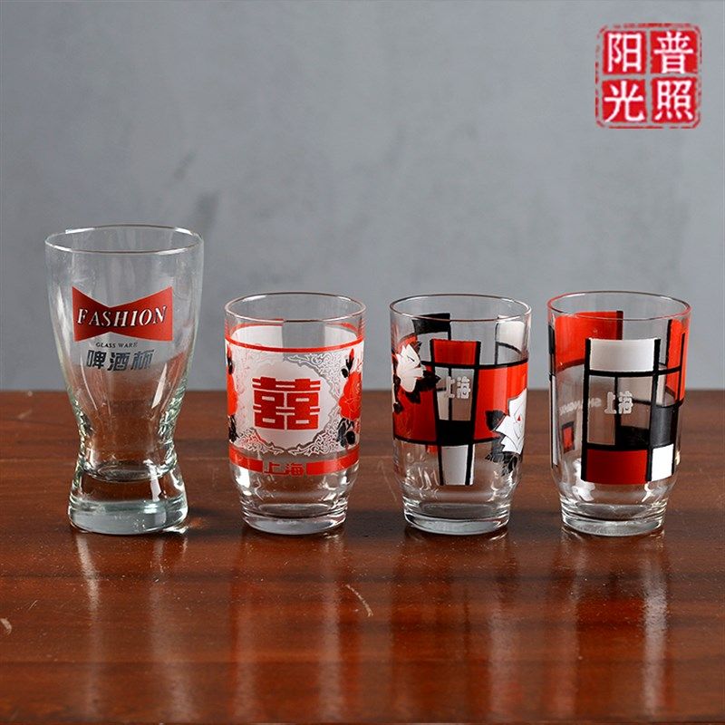 80年代90年代天津上海 印花怀旧老物G件茶杯啤酒杯水杯杯子 玻璃