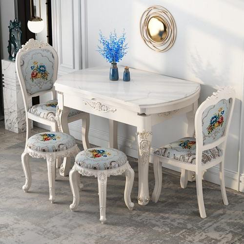 奶油风岩板折叠餐桌椅组合方圆两用简约伸缩实木饭桌子家用小户型