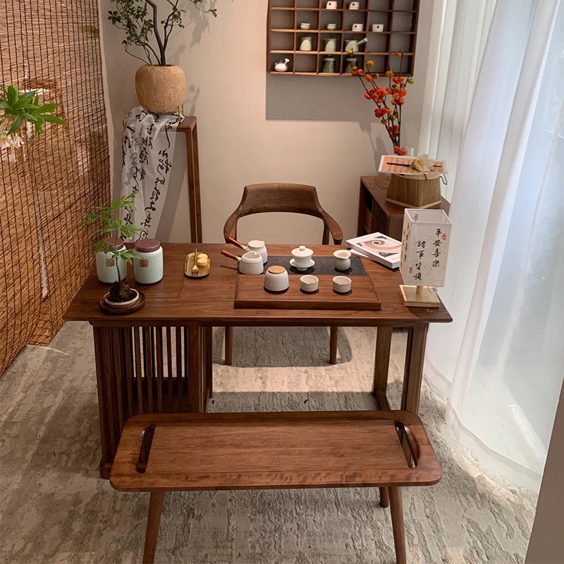 新中式阳台实f木小茶桌简约家用茶台茶室胡桃木禅意泡茶桌茶艺桌