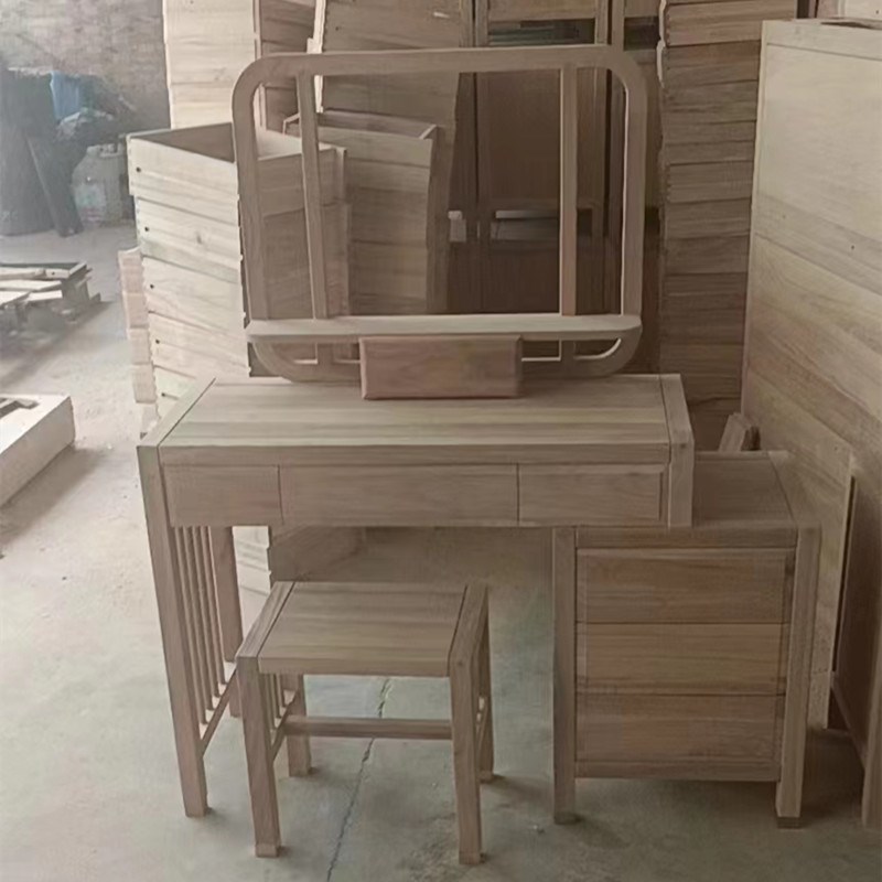新中式翻盖式梳妆台桌凳组合白茬老榆木化妆台桌S收纳格子白胚白