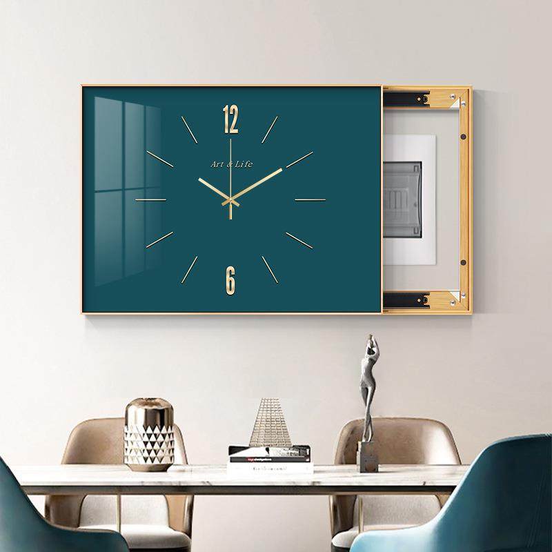 现代简约免打孔高端电表箱装饰画带钟表可推拉配电箱电闸遮挡挂画