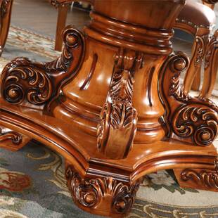 欧式风格天然大理石圆桌全实木 圆形餐桌带转盘餐桌椅组合1.3/1.5