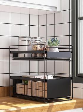 免打孔下水调橱厨房拉篮双层抽柜屉式碗架抽拉料架AL100158铁艺赛