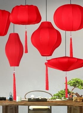 新中式中国风吊灯餐厅酒店灯笼茶楼过道布艺吊灯东方红色装饰新款