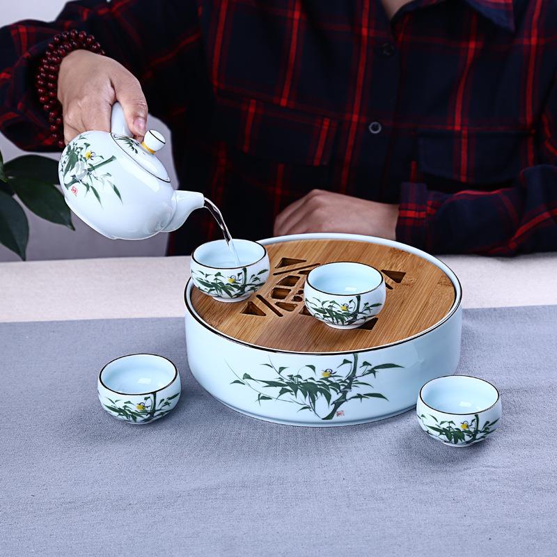 青瓷手绘茶盘旅行茶具手绘茶具竹制圆形储水式干泡茶具套组