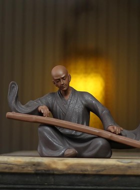 紫砂摆件禅意人物工艺品抚琴和尚玄关博古M架装饰品家居复古中式