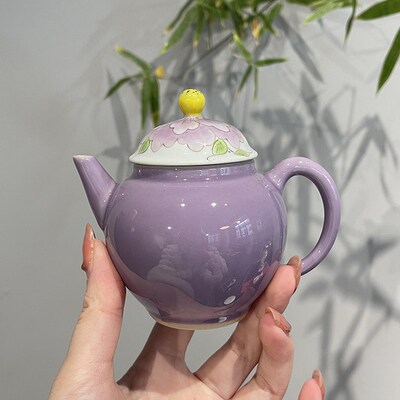 惊蛰 淡紫色釉下彩人工手绘牡丹梨形壶单壶陶瓷家用茶具泡茶壶