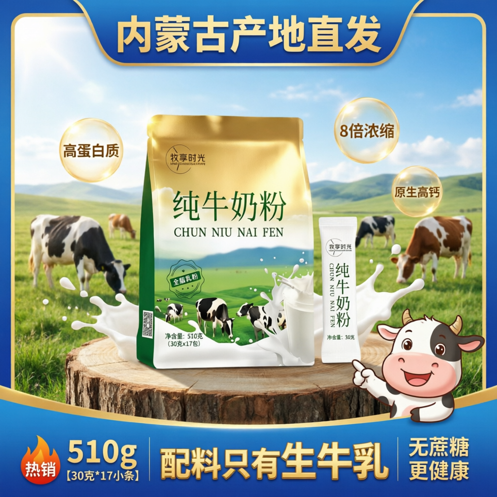 奶粉内蒙古纯牛奶全脂中老年儿童冲饮早餐无蔗糖营养学生高钙成人