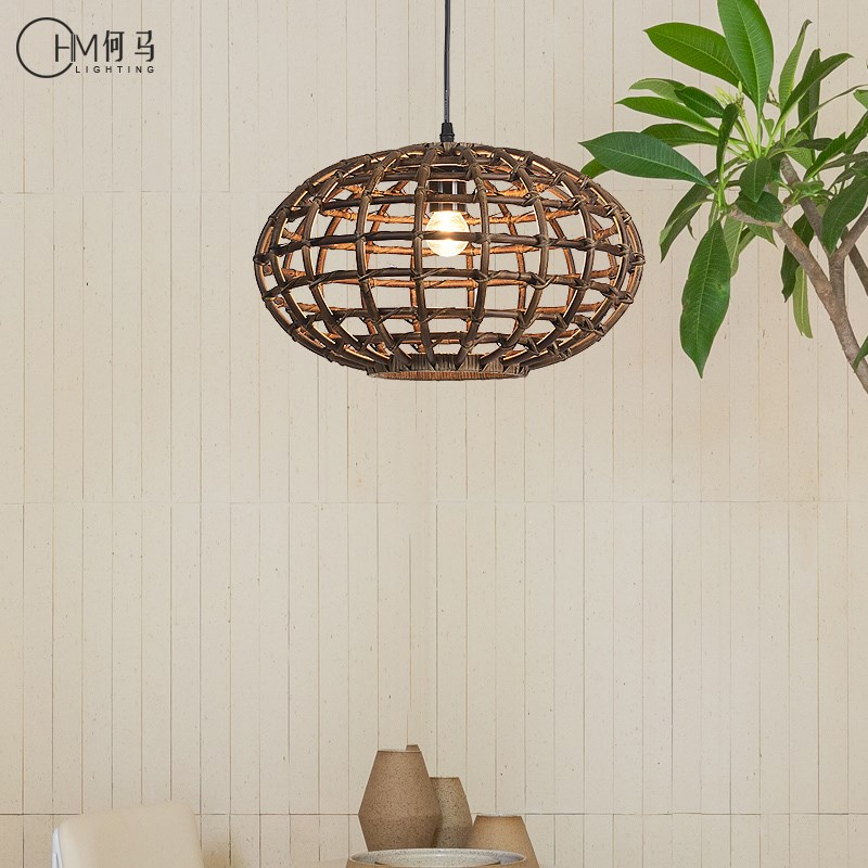 乡村民宿复古咖啡馆餐厅吊灯东南亚茶室卧室床Q头藤艺竹编仿古灯