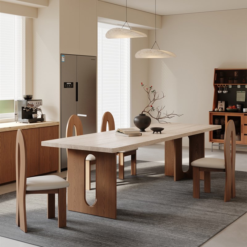 德利丰洞石岩板餐桌现代简约小户B型家用奶油风实木长方形岩板餐