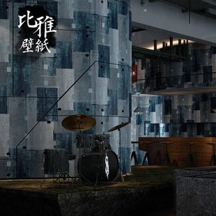 复古水泥灰色几何格子蓝色墙纸北欧客厅卧室餐厅背景墙工业风壁纸