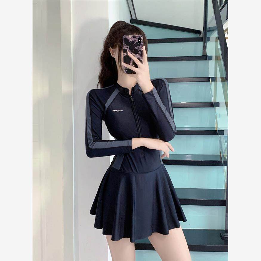 连体泳衣女款长袖防晒初中生保守平角学生游泳馆专用冲浪潜水服