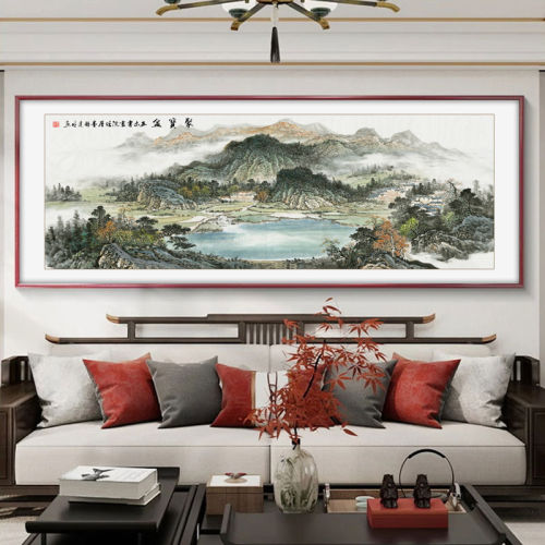 新中式聚宝盆客厅沙发背景墙装饰画背有靠山西墙挂画水墨国画壁画