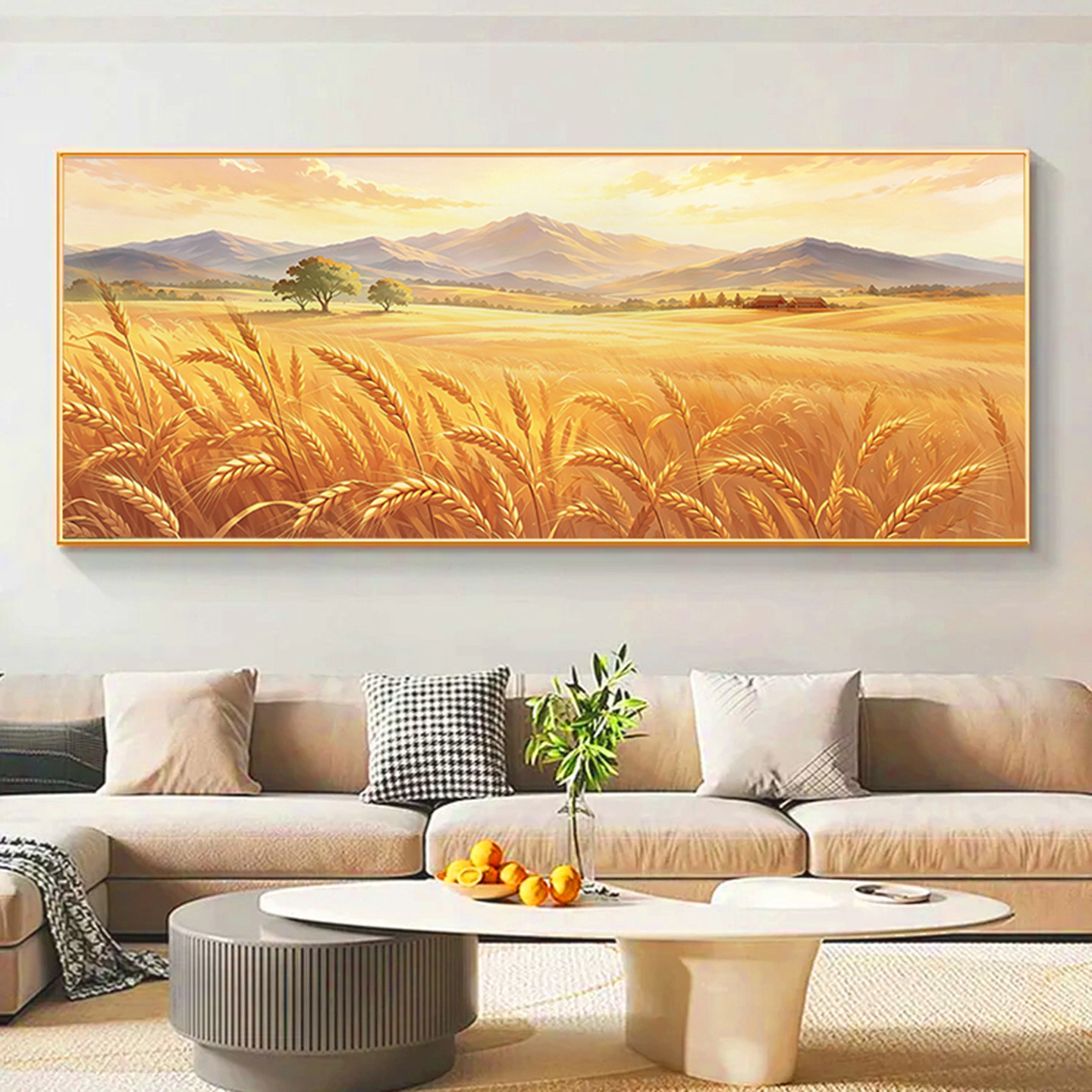 金穗靠山图现代简约客厅装饰画沙发背景墙挂画日照金山丰收图横版
