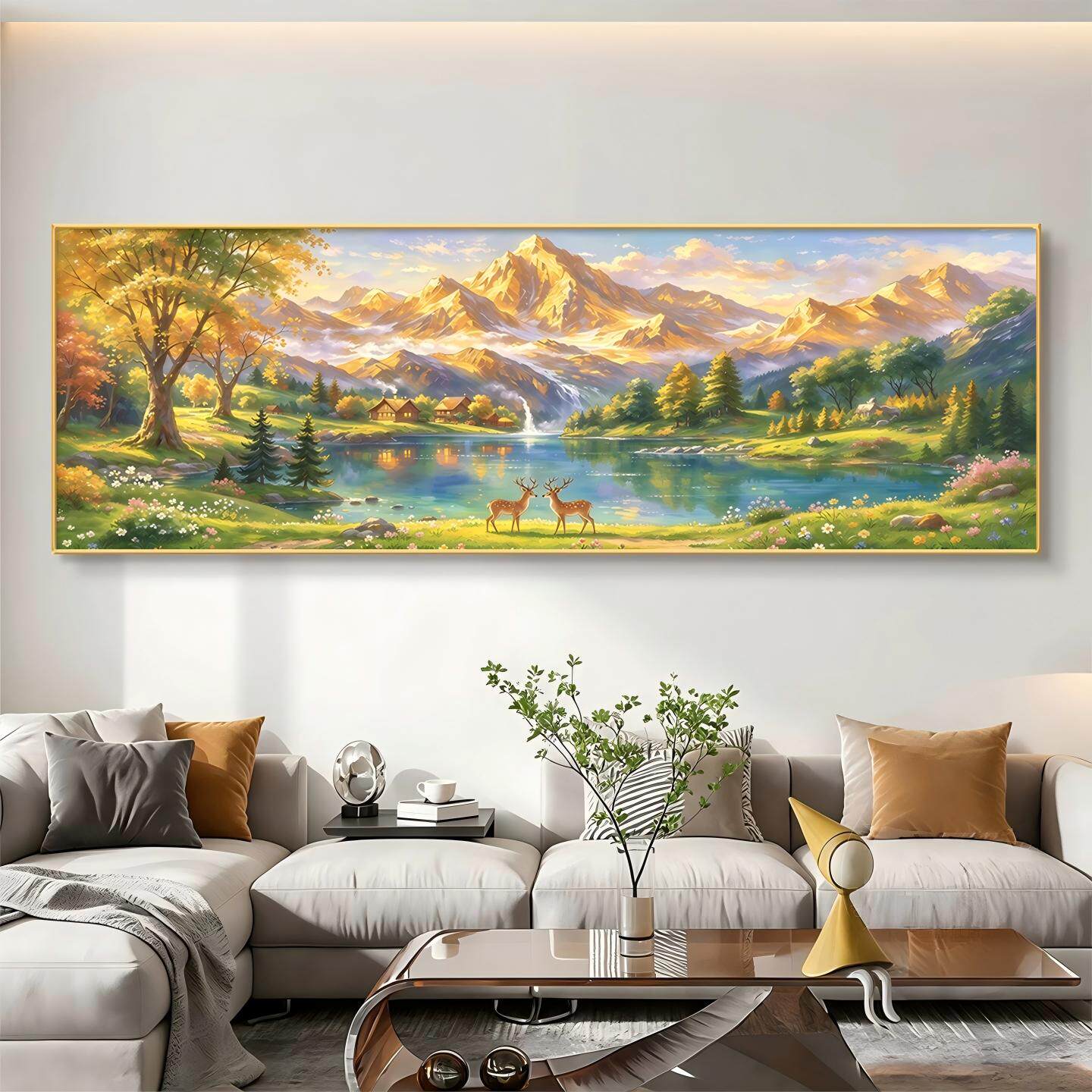 日照金山客厅背景墙装饰画手绘油画风西墙聚财挂画书房办公室壁画