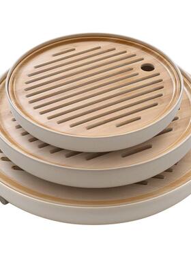 ?家用密胺茶盘圆形托盘竹纹台小型茶简约茶海功塑料VJM排夫水式沥