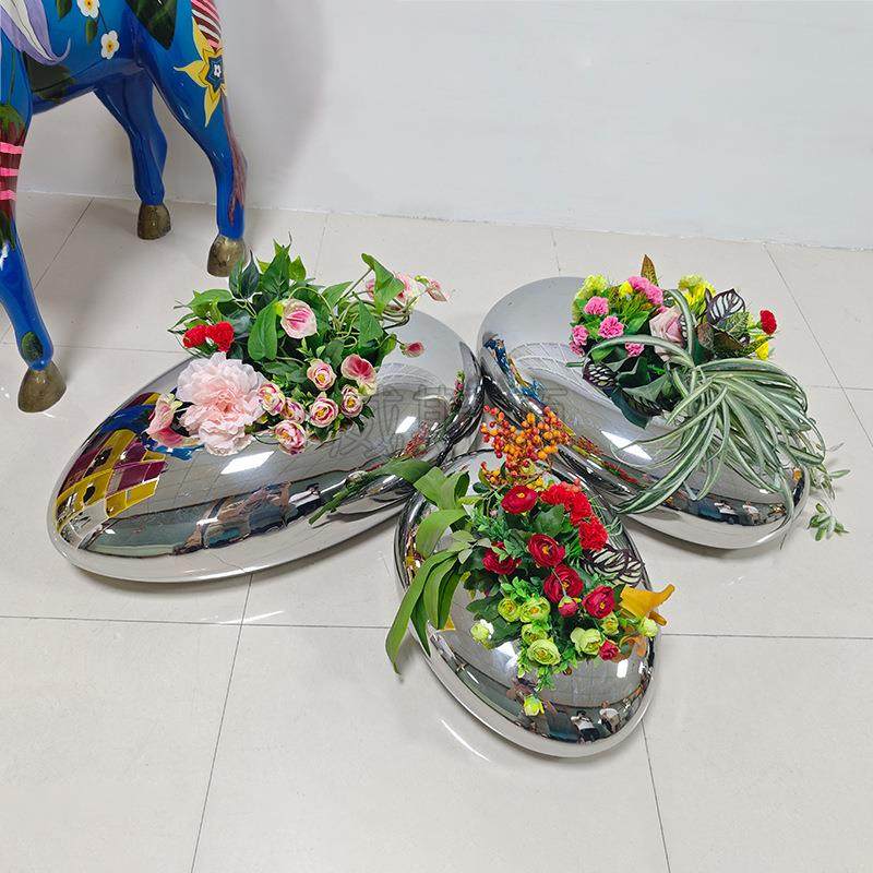 北欧石简鹅卵锈钢镜面花盆轻奢样板房WSD-B1软装饰客厅约摆不件插