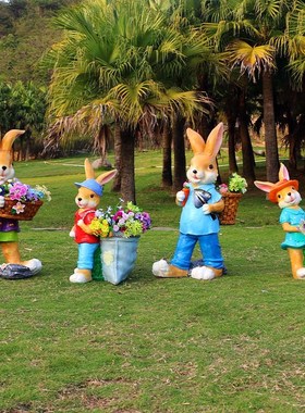 户外花园林仿真兔子花缸t摆件玻璃钢动物花盆雕塑庭院幼儿园装饰