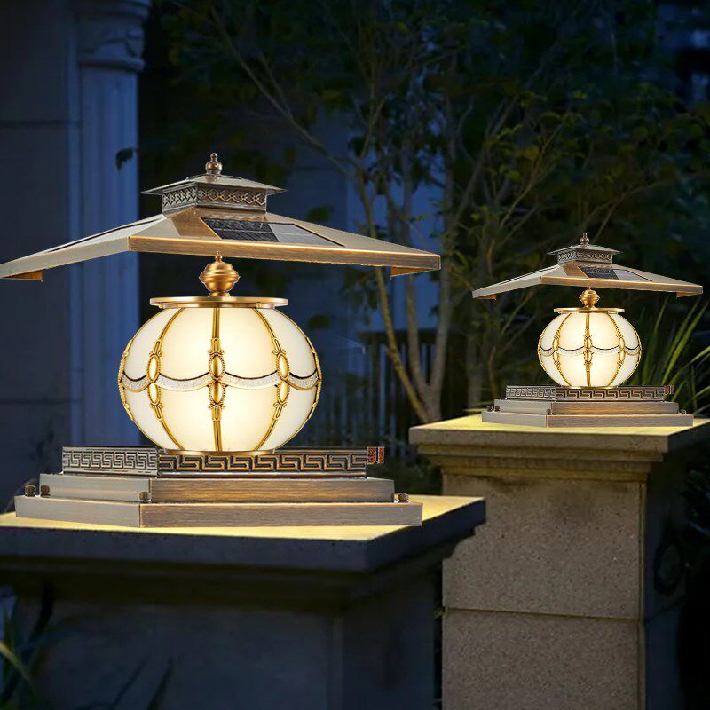 新款太阳能柱头灯户外防水新中式别E墅庭院大门口围墙灯全铜柱子