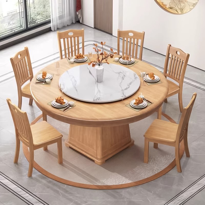 新中式实木餐桌家用2m米圆形大圆桌饭店包厢岩板转盘吃饭桌子12人