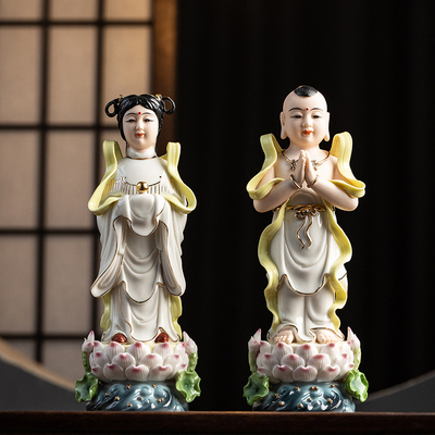 中式陶瓷善财童子龙女金童玉女禅意家居客厅玄关装饰摆设供奉摆件