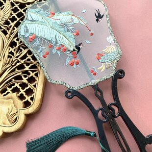 荷塘月韵古扇斋 古风绣花团扇 中式 机绣 紫光檀柄 芭蕉燕语